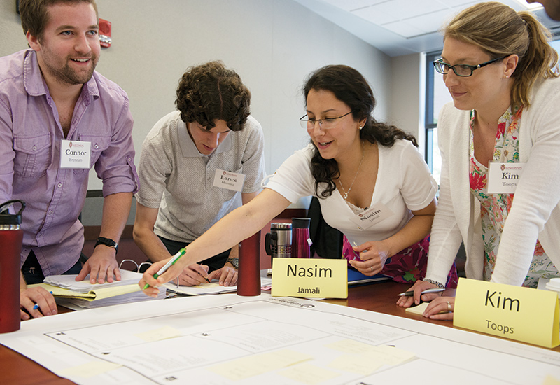 Students broke into small teams to discuss and work on a business model canvas during the 2015 session of the Wisconsin Entrepreneurial Bootcamp
(WEB) at the Wisconsin School of Business.