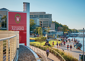 Memorial Union Terrace, with an Alumni sign in the foreground