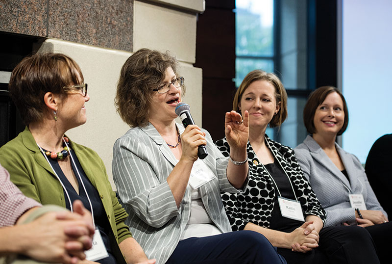Victoria Hutter (M.A. ’94), Wendy Thomas (M.A. ’92), Katie Harrell (MBA ’10), and Jennifer McFarland (M.A. ’96) led a panel discussion at the Bolz Center’s Collegium about how the arts administration program impacted their work in and outside the arts.