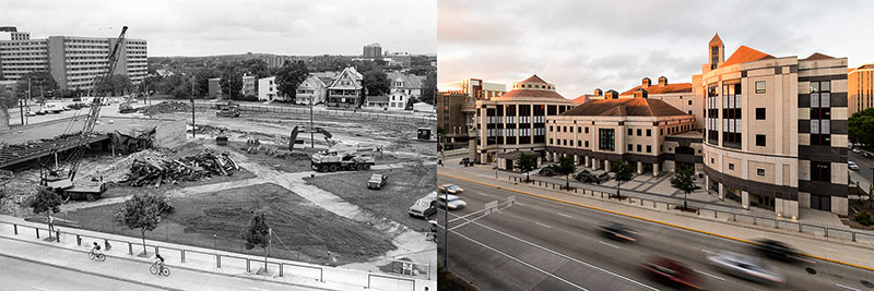 Exterior images of Grainger Hall 25 years ago and today