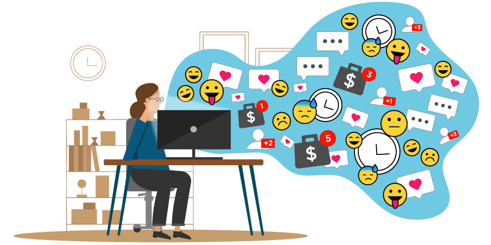 illustration of a woman working at a desk with a cloud of social media icons and emojis flowing from her computer