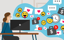 illustration of a woman working at a desk with a cloud of social media icons and emojis flowing from her computer