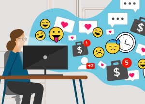 illustration of a woman working at a desk with a cloud of social media icons and emojis flowing from her computer